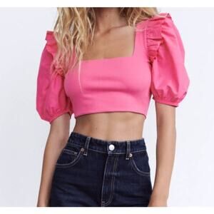 ZARA Ribbed Balloon Sleeve Crop Top Size Medium NWT